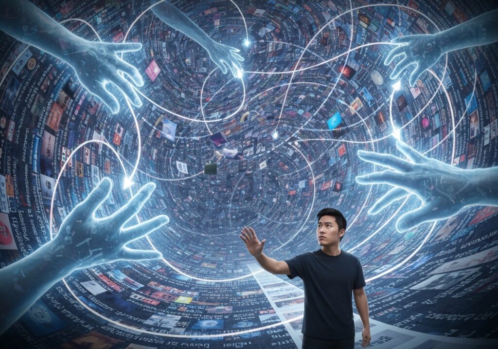 a man standing in front of a circular pattern of images