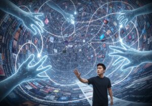 a man standing in front of a circular pattern of images