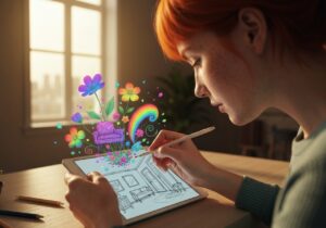 a woman drawing on a tablet