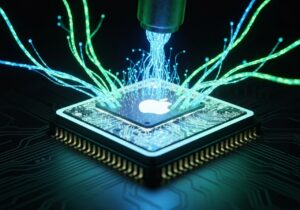 a microchip with green wires coming out of it