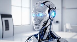 a robot with blue eyes