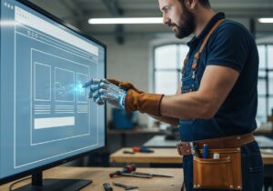 a man wearing a tool belt and gloves working on a computer