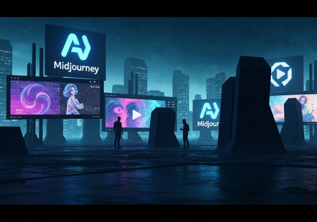 a man standing in front of large screens
