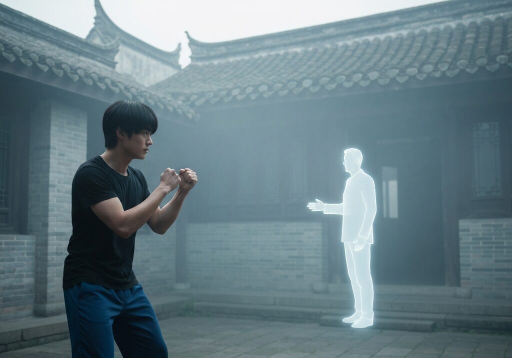 a man standing in front of a glowing figure