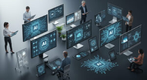 a group of people sitting in chairs and looking at several monitors