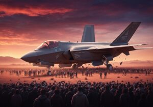a military jet taking off from a field with a crowd of people