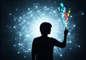 a silhouette of a person touching a screen